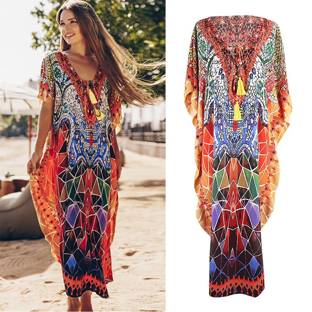 Bohemian geprinte strand maxi-jurk snel drogend lange tuniek dames strandbedekking v-hals vleermuismouwen oversized strandkleding kaftan