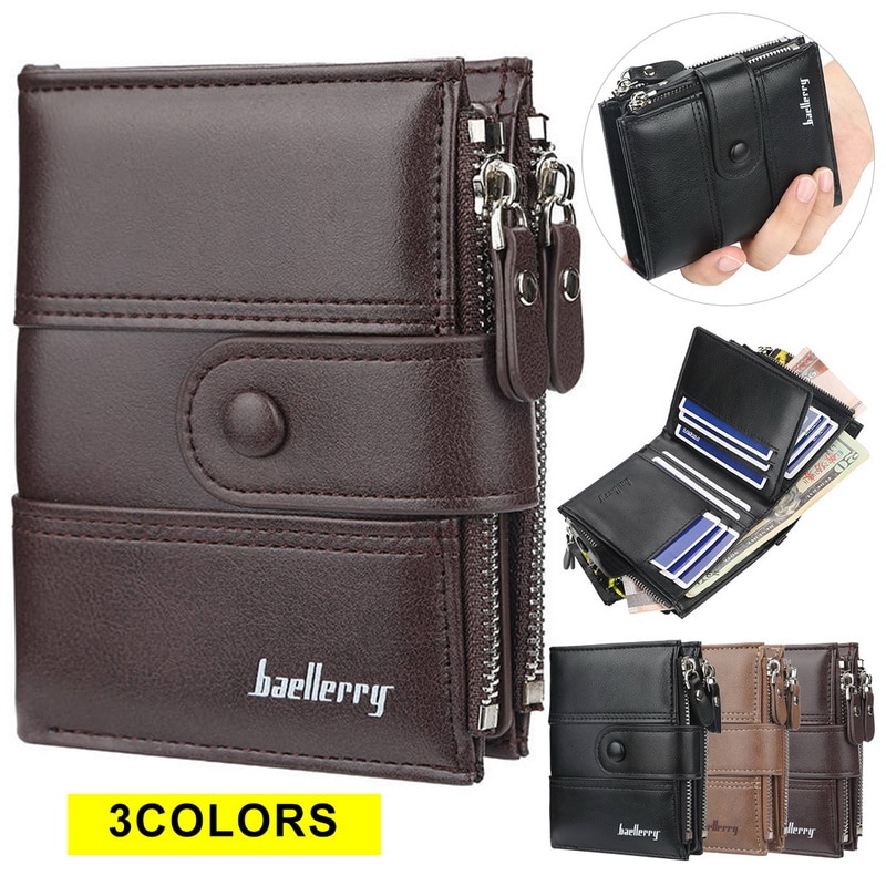 Baellery vintage curto carteira masculina de couro duplo zíperes multifunction business wallet men coin pocket alta qualidade masculino bolsa