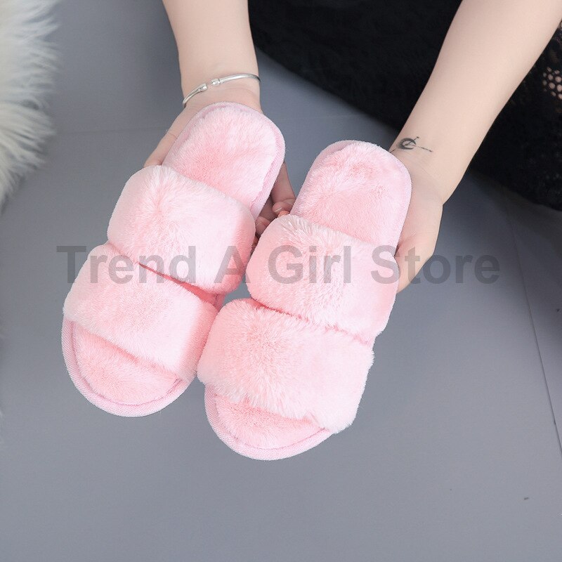 Femmes moelleux hiver pantoufles solide croix en peluche bout ouvert diapositives doux plat femme chaussures fausse fourrure pantoufle maison chaussures