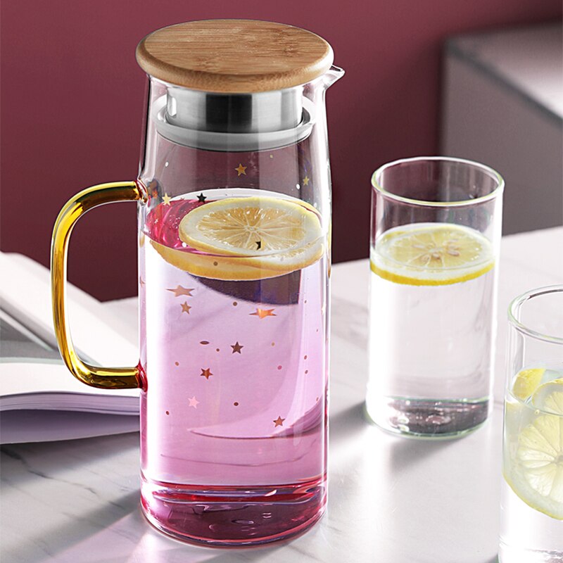 Pichet en verre Pot d'eau résistant à la chaleur cruche d'eau bouilloire couvercle en bambou pour l'eau bouillante thé jus de fruits cruche en verre