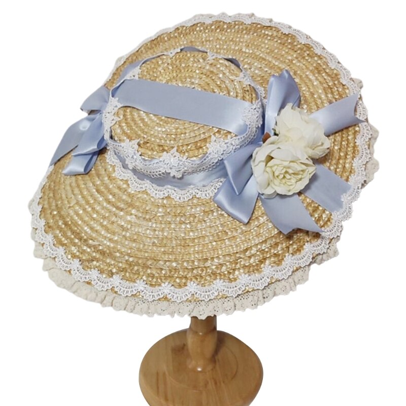 Japanese Lolita Sweet Handmade Straw Sun Hat Lace Patchwork Ribbon Bandage Bowknot Wide Brim Tea Party Flat Cap: BL