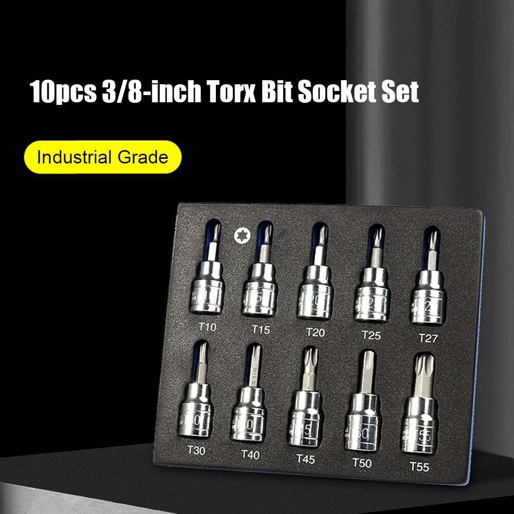 10pcs 3/8-inch Torx Bit Socket Set T10-15-20-25-27-30-40-45-50-55 CRV Bits