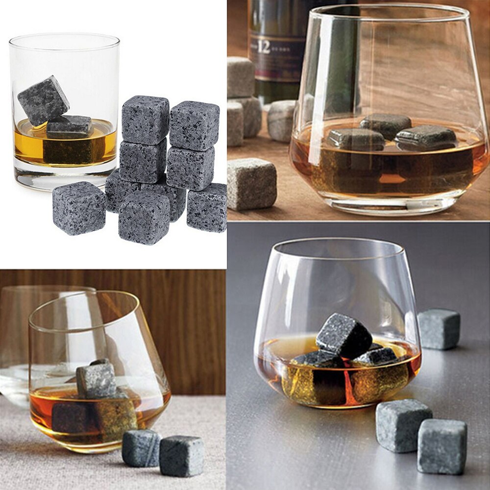 Whiskey Stones Set 9 Granite Whiskey Chill Rocks with Wooden Box and Velvet Bag Wine Stones Reusable Wine Chillers Whisky Stones