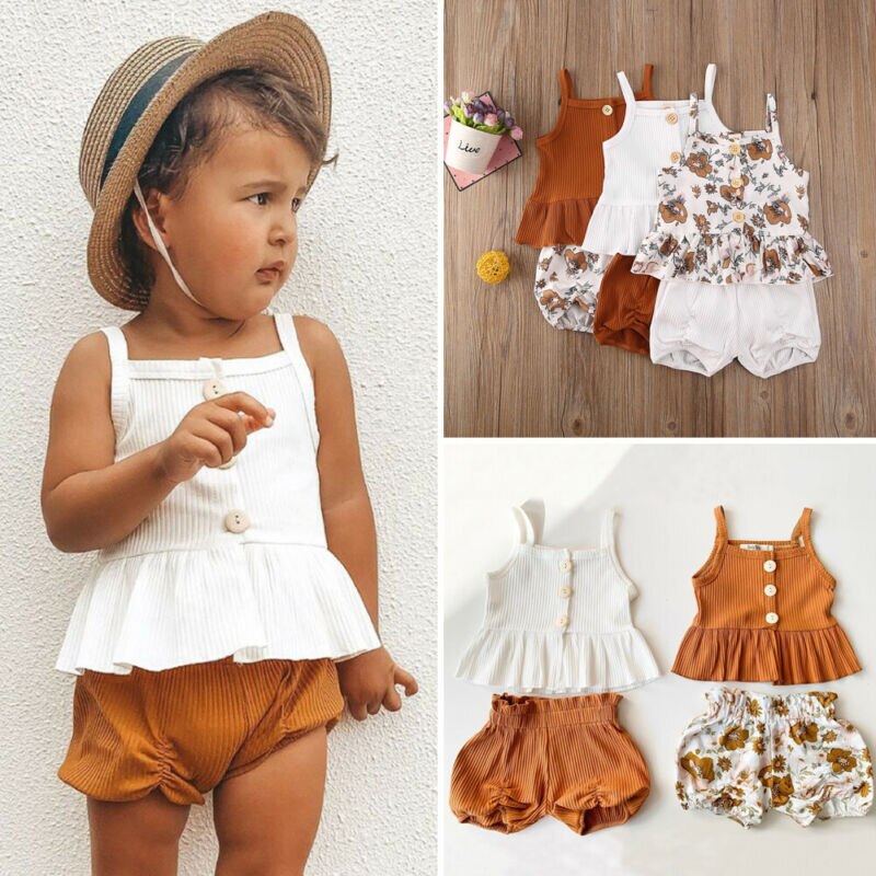 Pudcoco 2Pcs Kids Baby Meisje Kleding Mouwloze Knop Ruches Tops Jurk Bloem Shorts Broek Outfit Zomer