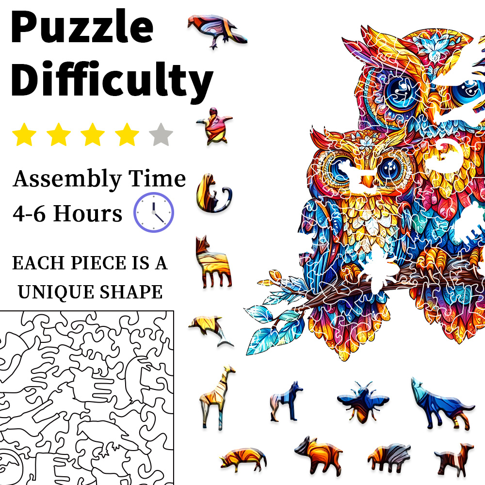 Wooden Puzzles for Adults - Embossed Owl Wooden Jigsaw Puzzle: Unique Shape, Premium Craftsmanship | Ideal Family & Wall Ar