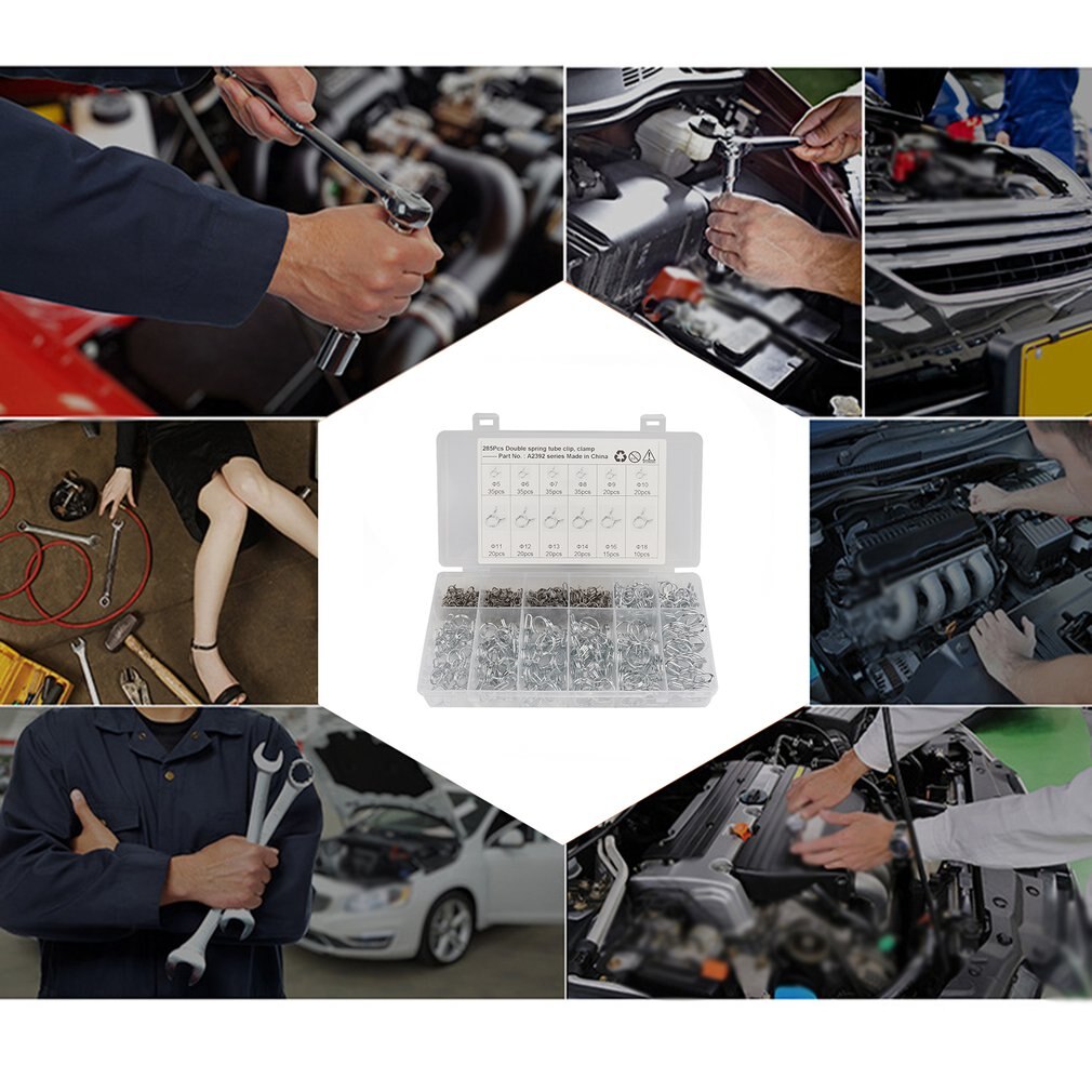 285pcs Double-Wire Spring Pipe Clamp Double-Wire Hose Water Pipe Clamp Φ5-Φ18 Fuel Tubes Clip Durable