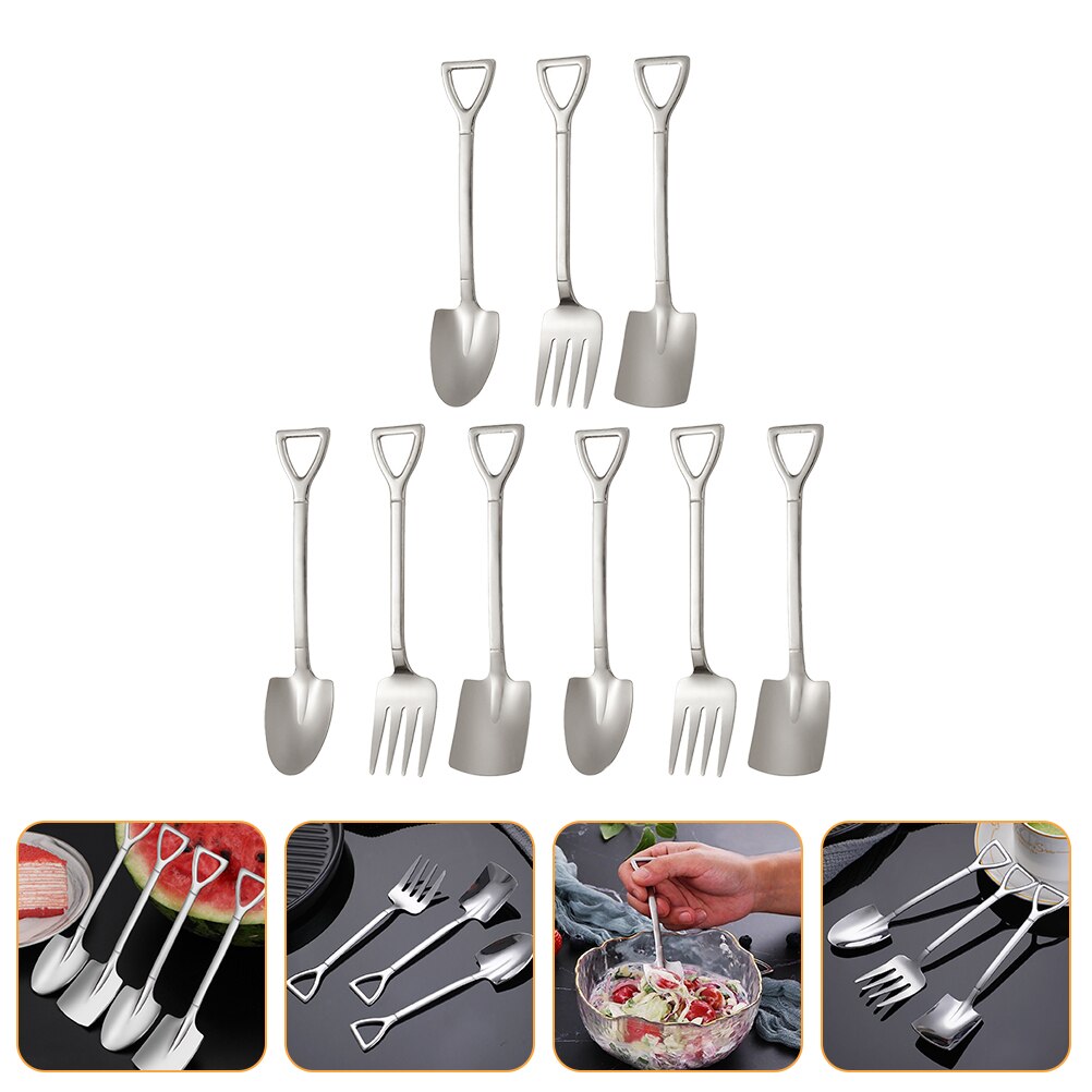 9pcs Small Shovel Spoon Fork Pointed Spoons Dessert Fruit Serving Spoons