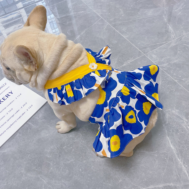 Vestido azul de Bulldog Francés para mascotas, ropa de verano para perros pequeños, Chihuahua, Schnauzer, Yorkie, Pug, FHC06, estilo