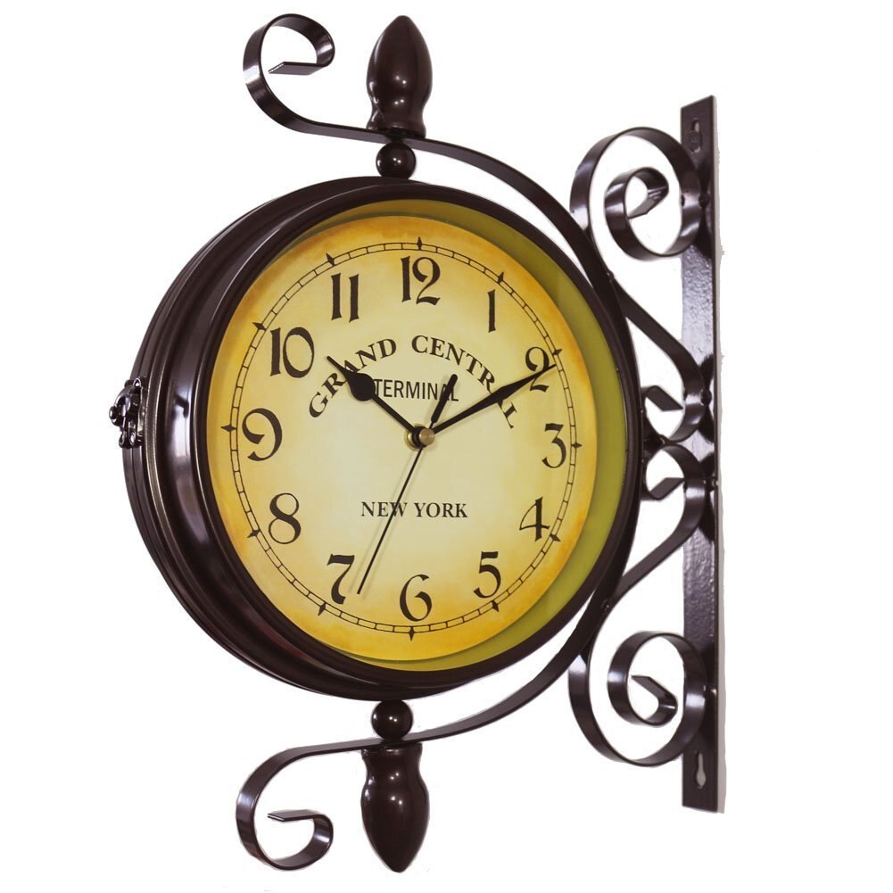 Antique Wall Mount Clock Garden Hallway Indoor Station Double Sided Bracket Clock E2S: dark coffee