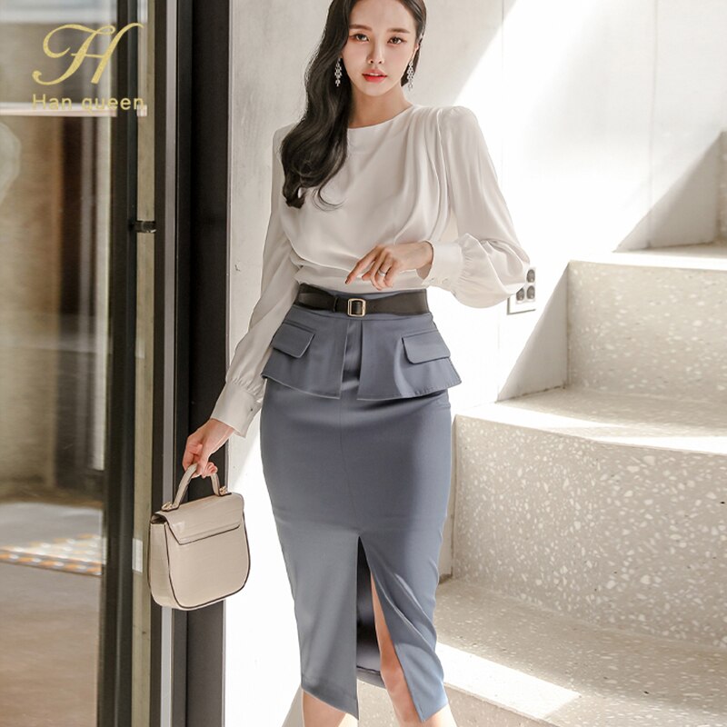 H han dronning 2 deler sett kvinners folder kontur topp og høy midje delt slire blyant skjørt koreansk elegant kontor dame skjørt dress: Xl