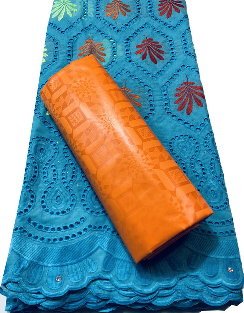 2022 Dry Laces 2.5+2.5 Yards With Bazin Riche Fabric Swiss Voile Senegal African Wedding Bride Dress YKM120 Orange: AS PIC11