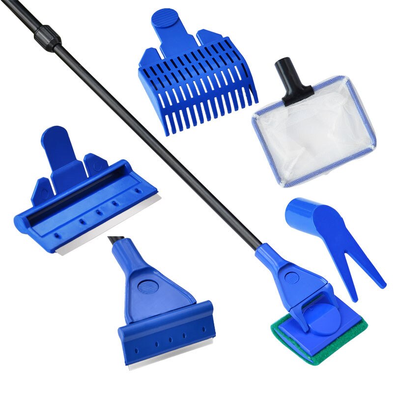 5 in 1 Aquarium Tank Complete Clean Set Fish Net Gravel Rake Algae Scraper Fork Sponge Brush Glass Aquarium Cleaner Tool Kit
