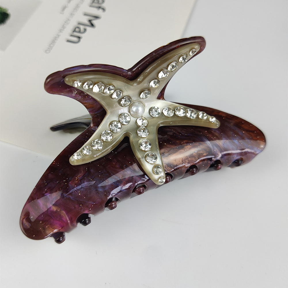 Pinzas para el cabello grandes de la serie Sea, pinzas para el cabello con concha de estrella de mar de diamante, accesorios para el cabello de acetato hechos a mano: Morado