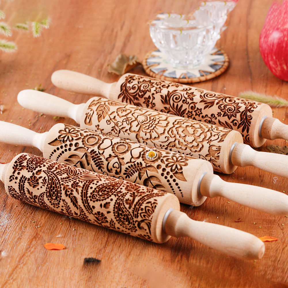 1 pcs Wooden Sunflower Embossed Rolling Pin with Pattern for Kitchen Pastry, Baking Tools, Deep Engraving Cookies Stamp Tool