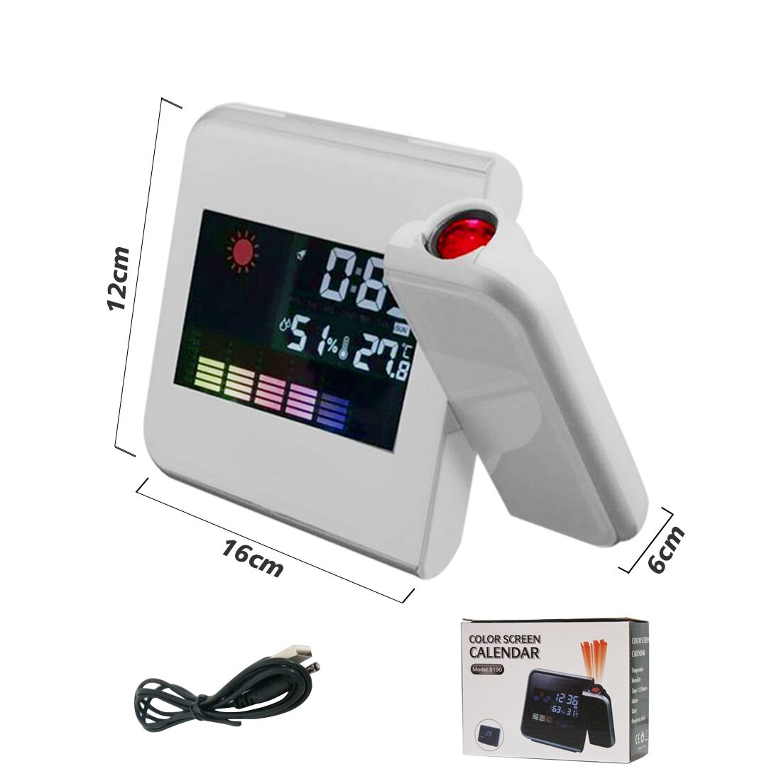 Reloj despertador Digital con proyector de techo, reloj despertador con termómetro de temperatura, indicador de fecha y calendario: white with USB