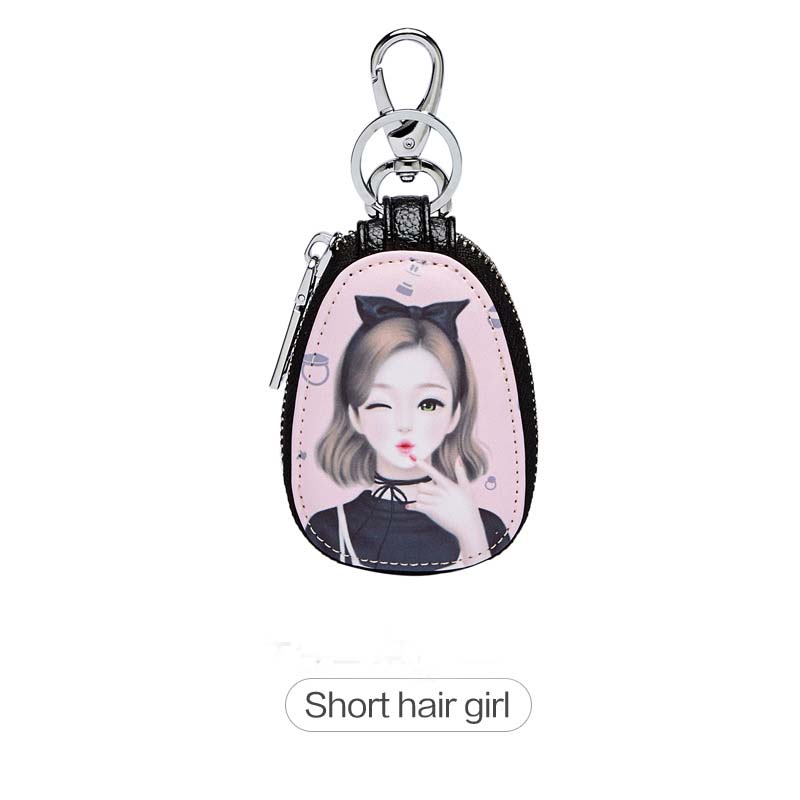 Painted Key Bag for Women Small Leather Key Wallets Housekeepers Car Key Holder Case Leather Keychain Pouch: hair girl