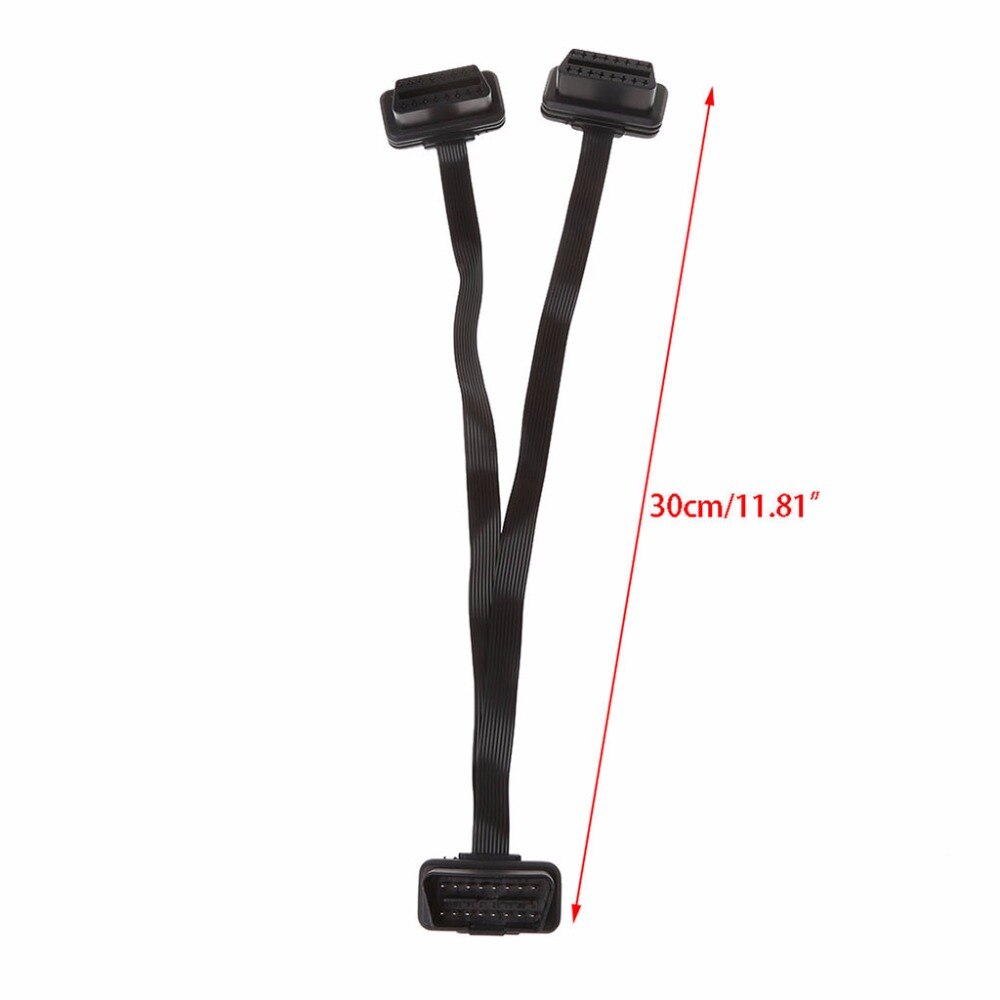 OOTDTY 30cm 16 Pin OBD2 Male To Double Female Splitter Flat Thin Y Connector Extension Cable Suit for OBD II port