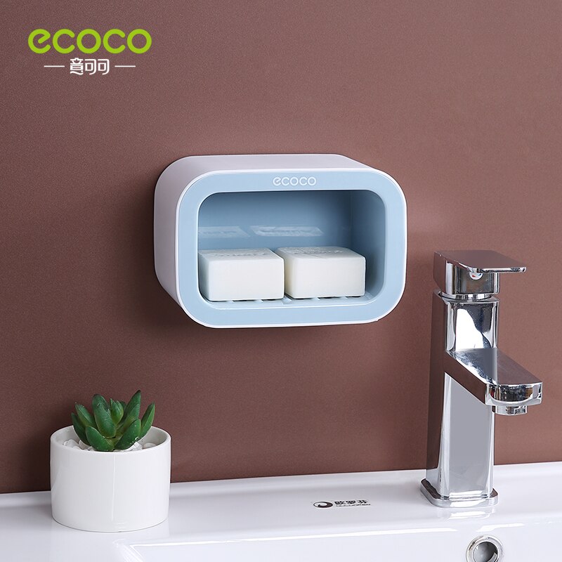ECOCO Double Drawer Wall Mounted Soap Dish Box Bathroom Shower Soap Holder Tray Storage Rack Shelf Bathroom Accessories: Single Blue