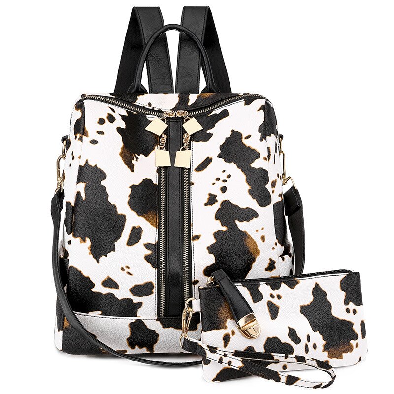 DIDA BEAR-Mochila de cuero para mujer, morral escolar grande, de viaje, Color caramelo con monedero: Cows Beige