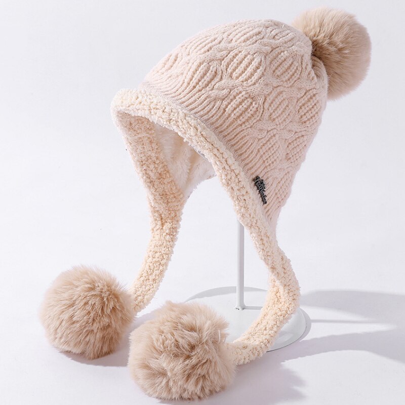 Bonnet épais et en polaire pour femme, bonnet tricoté, avec trois pompons, pour le Ski, idéal pour l'hiver, HT3797