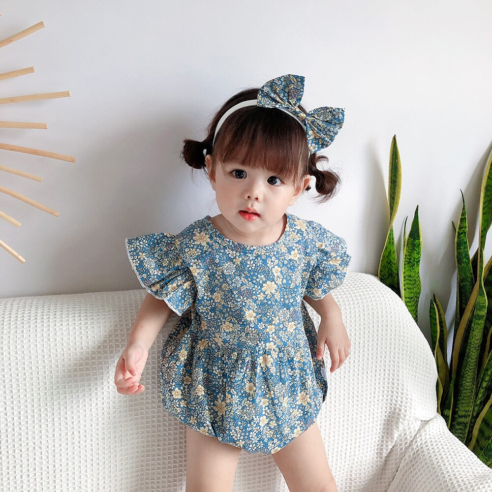 Meisje 2Pcs Bloem Gedrukt Romper Set, fly Mouwen Ronde Hals Driehoek Bodysuit Met Hoofdband Voor 0-24 Baby Zomer Dragen: 3 / 12m