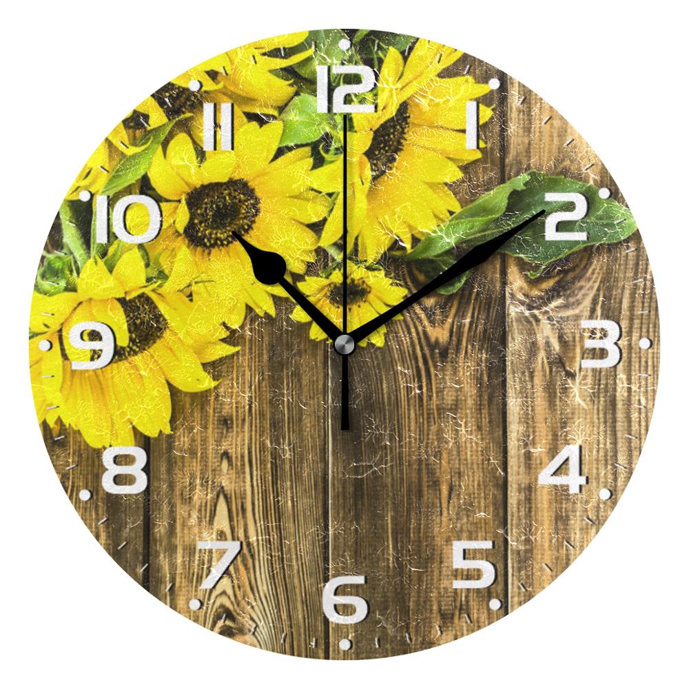 3D Sonnenblumen Jahrgang Holz Druck Runde Wanduhr Schweigen Zauberstab Uhr Batterie Betrieben Quarz Analog Ruhig Schreibtisch Uhr für Heimat: Artikel 2