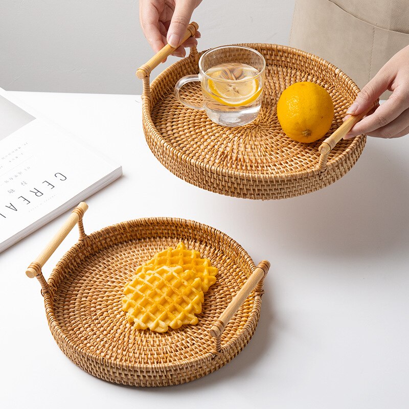 Dessert tray Breakfast plate Handmade Rattan Portable Tray Bread Fruit Snack Picnic Basket Home Table Decoration cup table mat