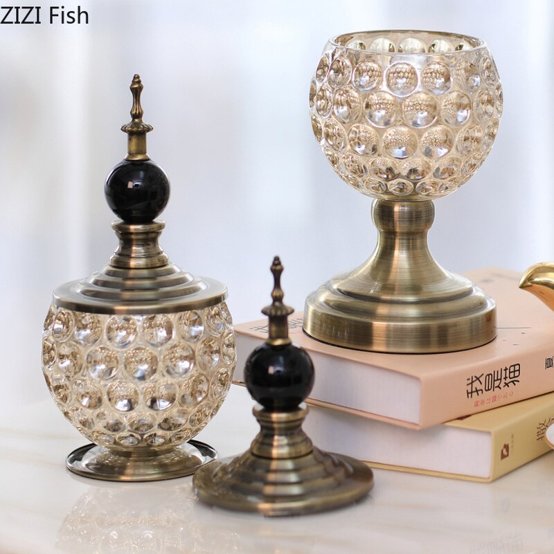 European Metal Glass Small Storage Tank Small Ornaments with Lid Art Crafts Living Room Office Flower Crystal Candy Storage Jar