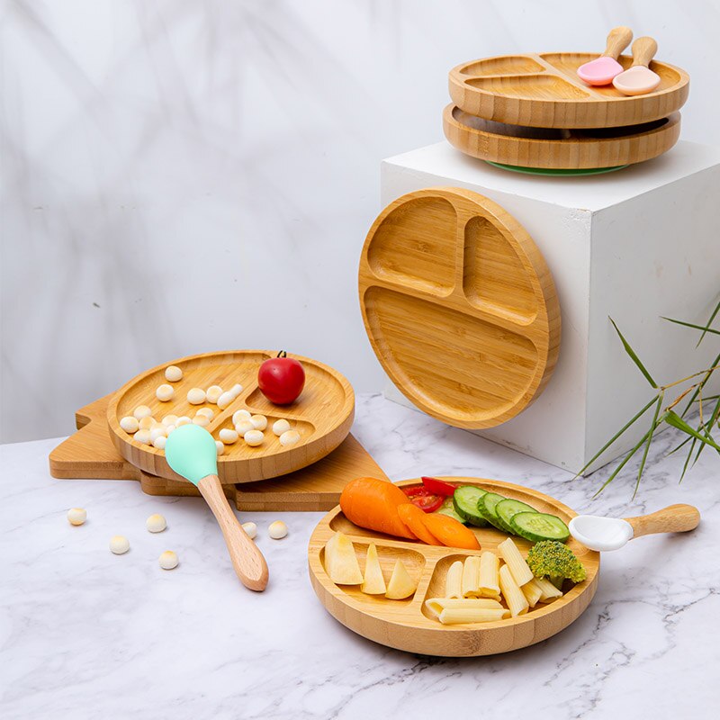 1Pc Zuig Kom Bamboe Siliconen Zuignap Baby Plaat Voeden Bamboe Kinderen Servies Gerechten Bpa Gratis Siliconen Voerbak
