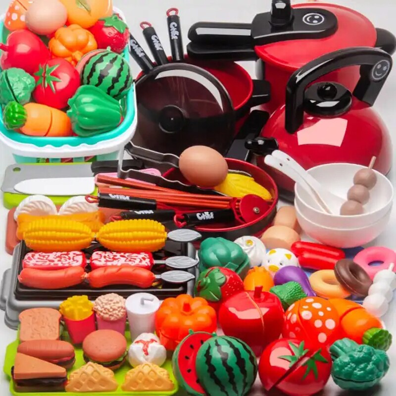 150pcs Plastic Kitchen Toy Shopping Cart Set Cut Fruit and Vegetable Food Play House Simulation Toys Early Education Girl