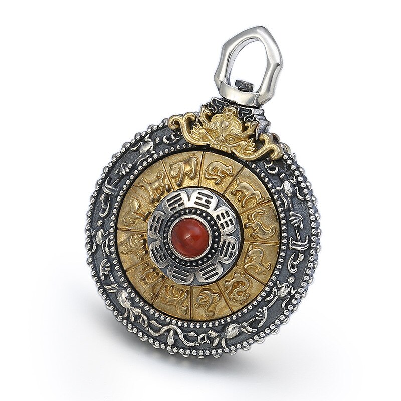 S925 Sterling Zilver Thai Zilver Graveren Zodiac Manjusri Negen Paleis Cirkel Hanger Draaien De Boeddhisme Ronde Ketting