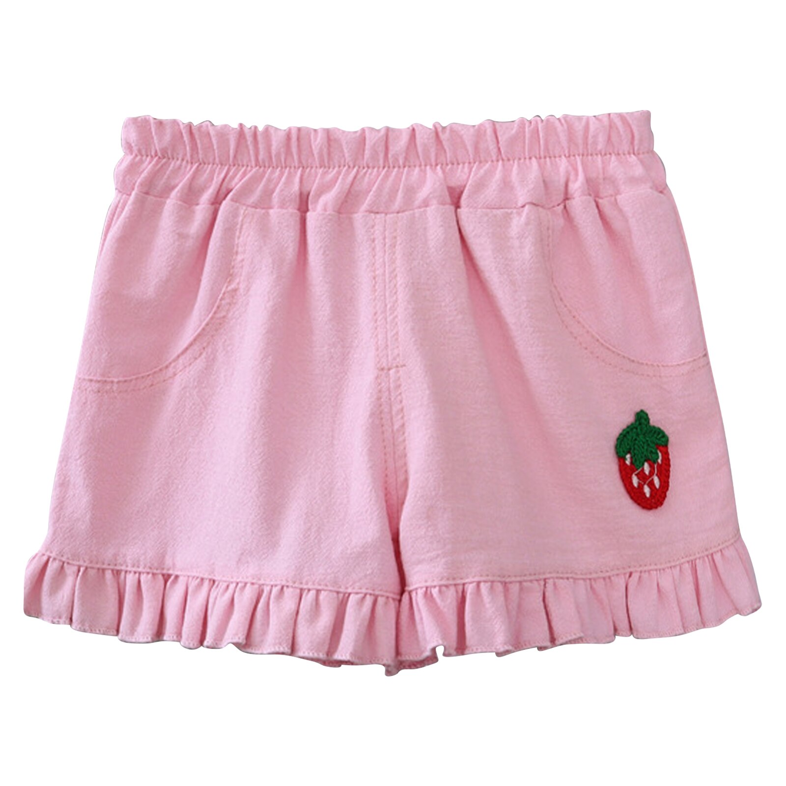Short à volants pour filles, mignon, décor fraise, taille élastique, garniture à volants, couleur unie, vêtements d'extérieur, pantalons en coton pour un usage quotidien: Pink Strawberry / 110