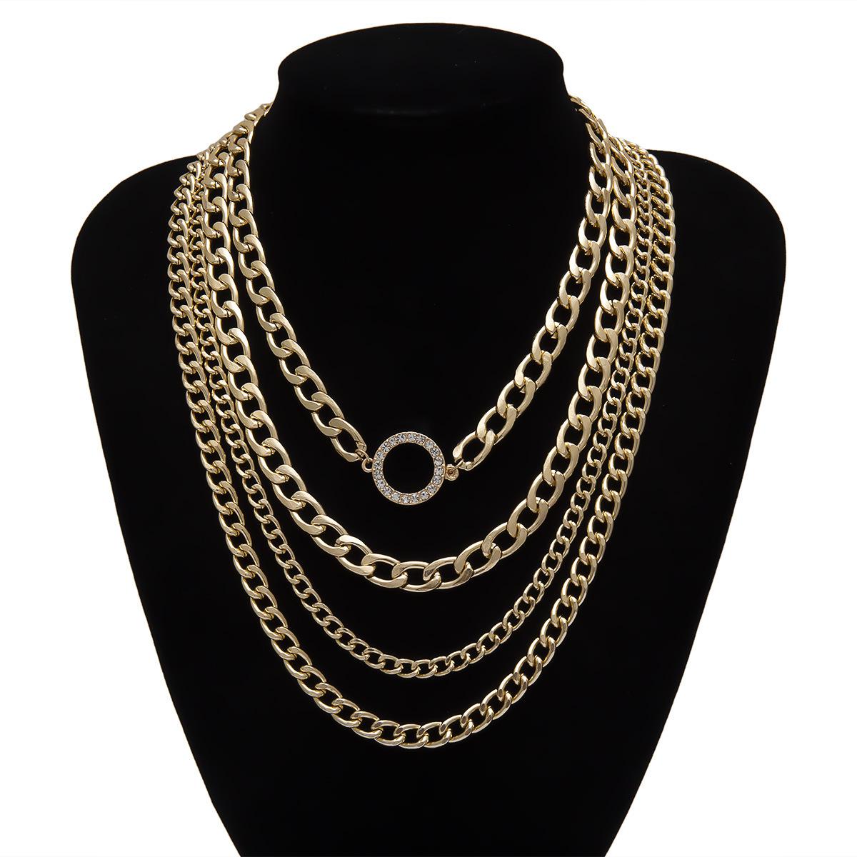 Jewelry Necklace Exaggerated Punk Multilayer Necklace Rhinestone Circle Thick Chain Necklace Women Statement Necklace: Gold-color