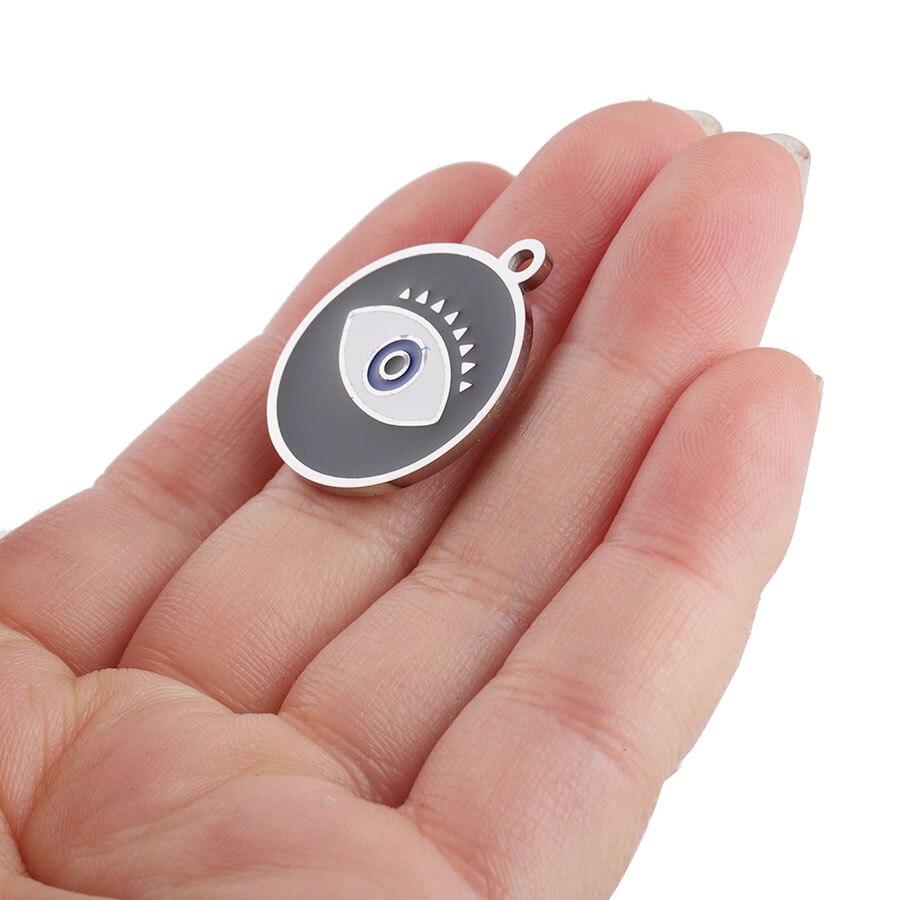 Fnixtar Enamel Round Evil Eye Charm Mirror Polished Stainless Steel Turkey Eye Charms For Jewelry Making 10pcs/lot: 001-black