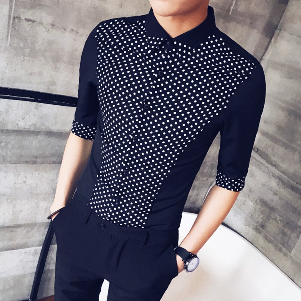 Skjorte herre prikkete kortermede fritidsskjorter menn svart hvit bluse kjole smoking streetwear slim fit skjorte