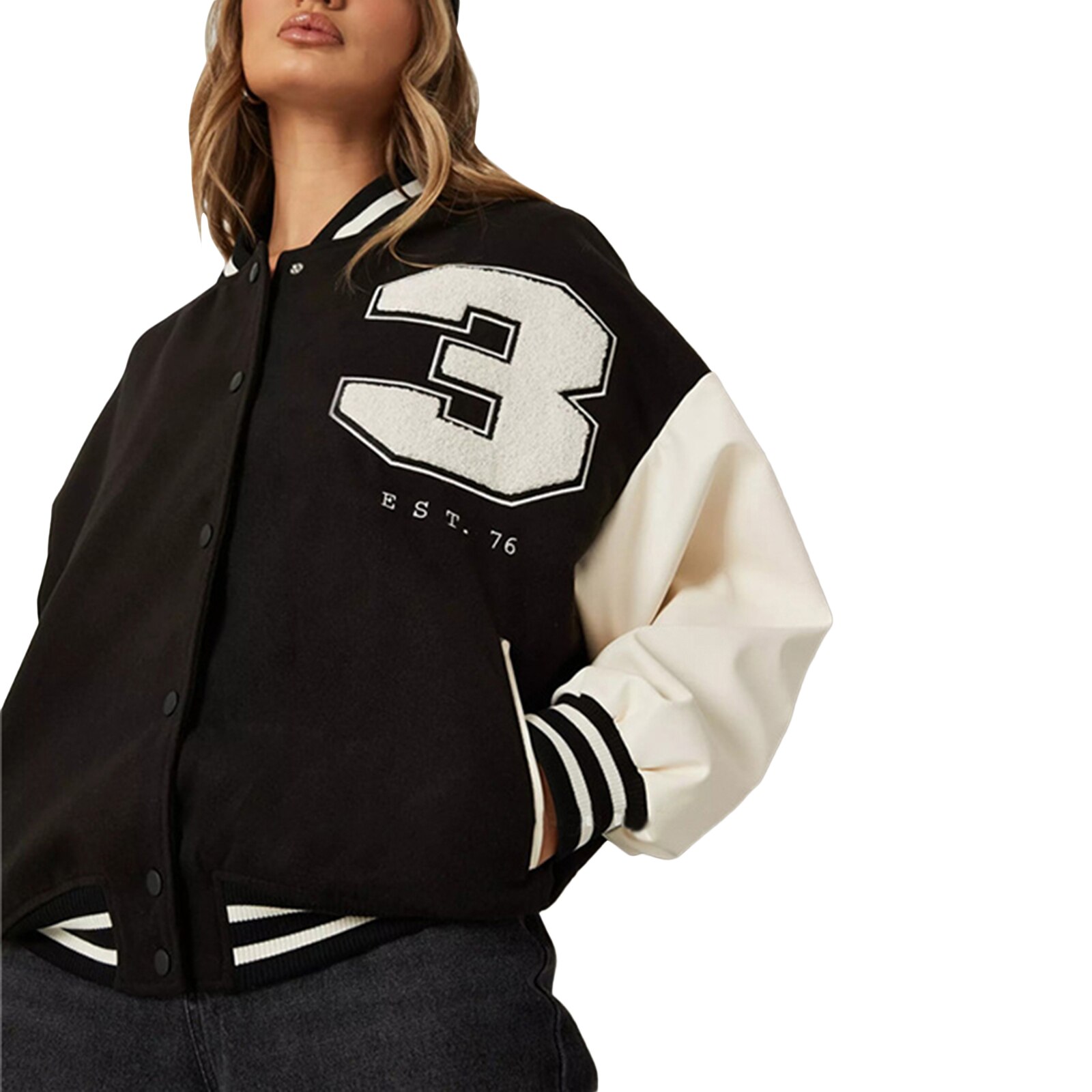 Vrouwelijke Baseball Jas Dames Contrast Kleur Nummer Patronen Lange Mouwen Jas Voor De Lente Herfst Zwart Wit S/M/L