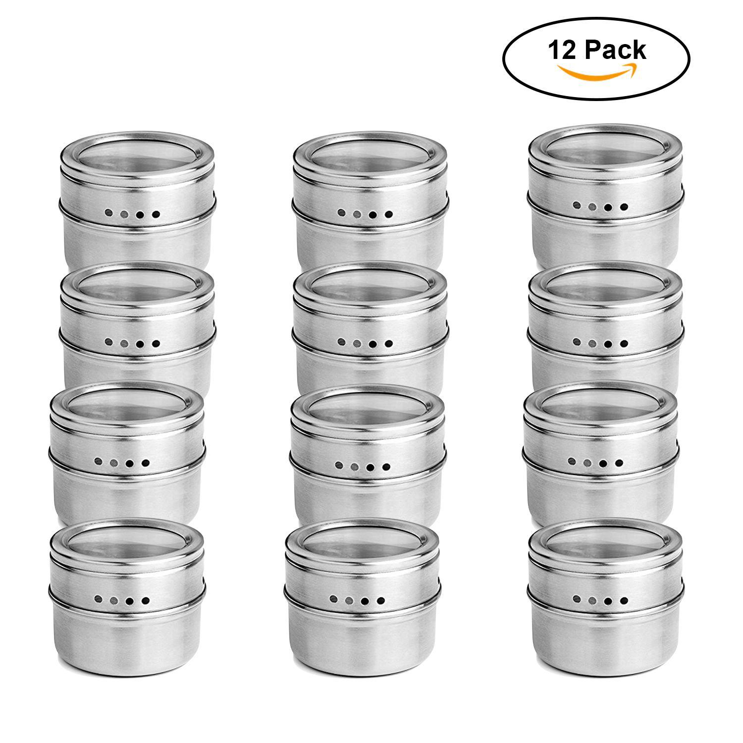 12pcs/set Clear Lid Magnetic Spice Tin Jar Stainless Steel Spice Sauce Storage Container Jars Kitchen Condiment Holder Houseware: 12 pieces