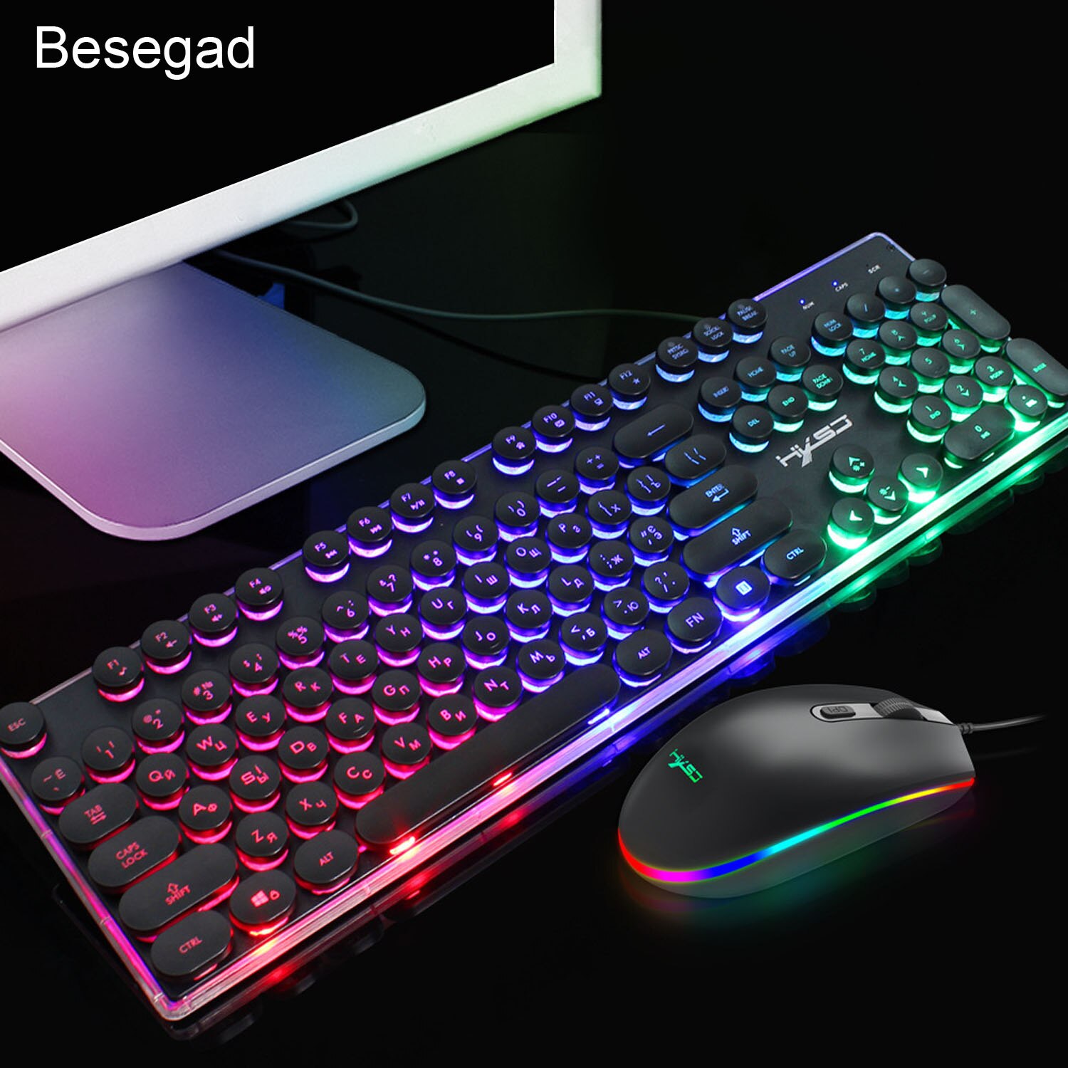 Vococal Wired Russian Mechanical Gaming Keyboard Mouse Set with LED Backlight for Home Office Study Room Computer Player
