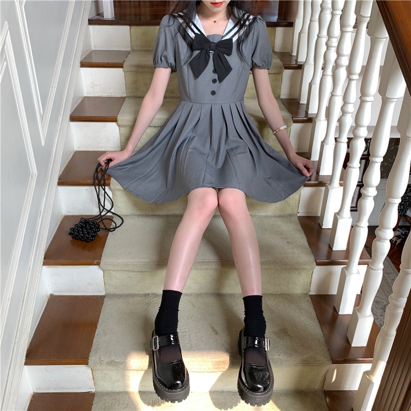 Japansk akademisk sømandskrave piges nederdel sommer western sløjfe hipster kjole kvinder sød lolita kjole prinsesse