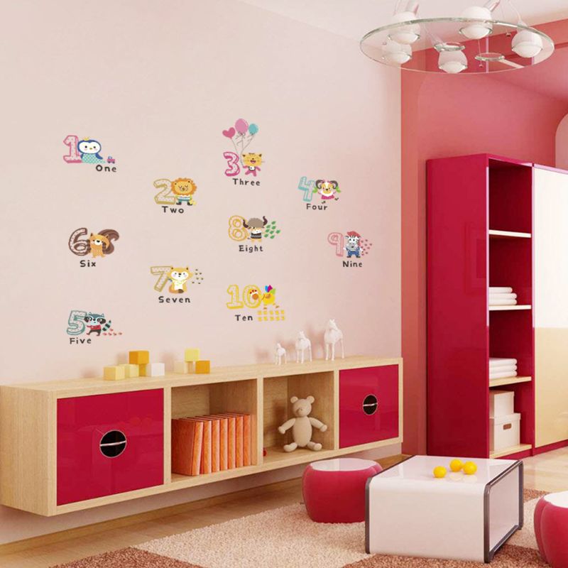 Muurstickers met cijfers, kinderkamerachtergrond, muurdecoratie, cartoon, dierensticker, kleuterschool, zelfklevend papier