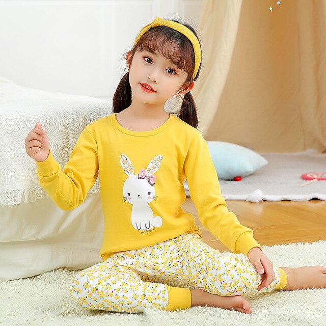 Spring Kids Girls Pajamas Clothing Set Children Cartoon Rabbit Nightwear Pajamas Girls Sleepwear Baby Pyjamas Suits: Yellow / 12-14T(150-160cm)