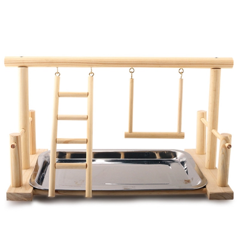 Træ legestativ og rustfrit stålbakke kæledyrsfugleramme station papegøjer legeplads aborre gymnastik træningsstand fugl behageligt legetøj: Default Title