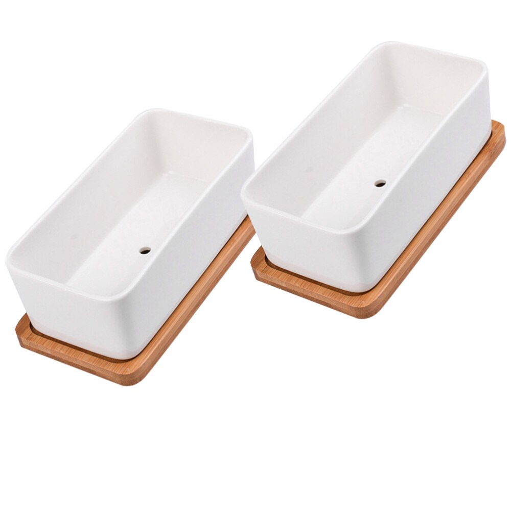 2Pcs Ceramic Oblong Flower Pots Flowerpot Planter with Bamboo Tray Succulent Planter Garden Bonsai Pot Flowerpot: Default Title