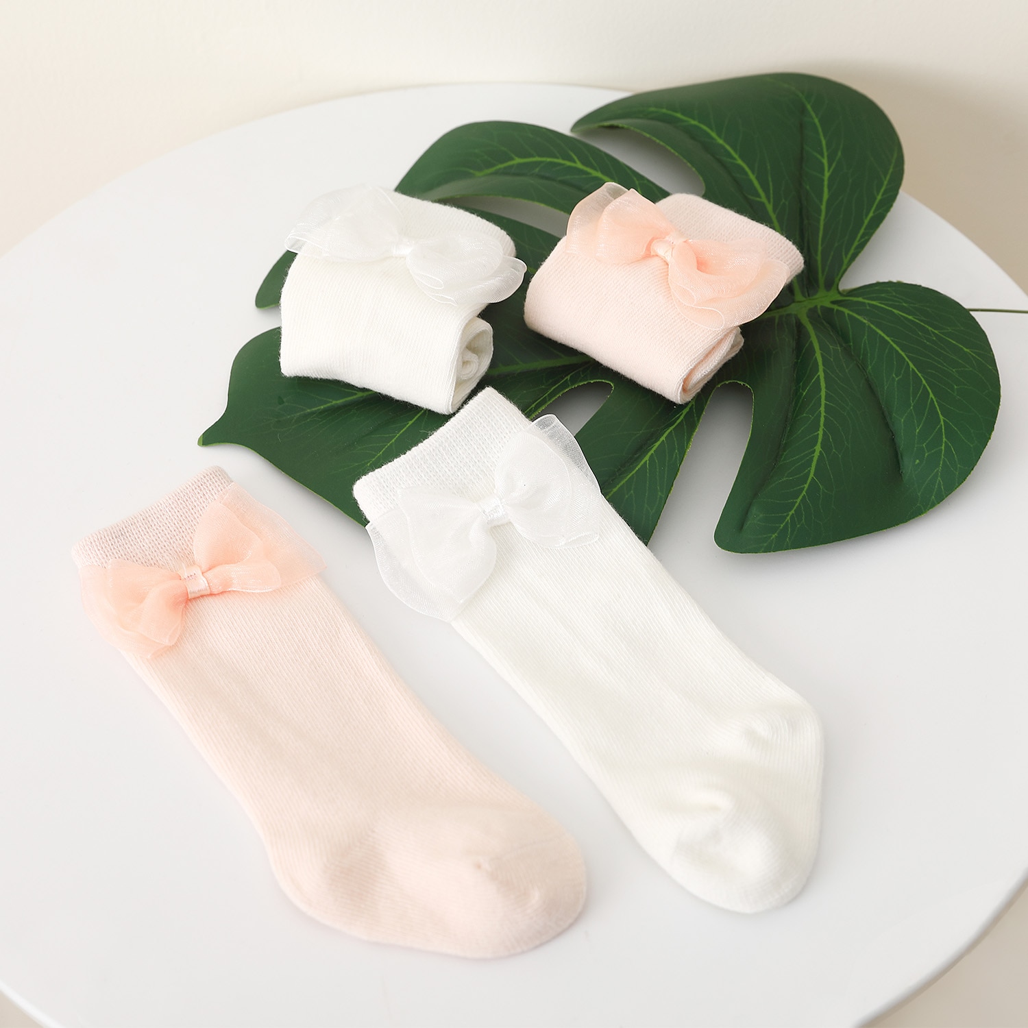 Pureborn 6 pack nyfødte baby pige sokker med blonder bue knude strikket åndbar bomuld solid mellem sokker baby pige benopvarmere