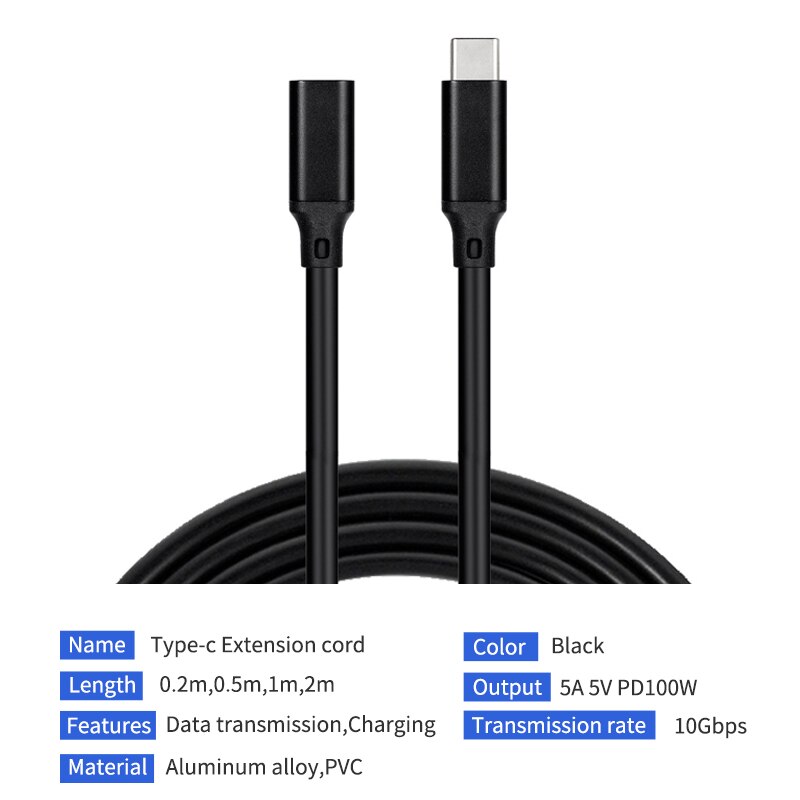 rodzaj-C rozszerzenie kabel męnarty na żeńnarty USB C przewód szybkie ładowanie kable ładowarki PD100W 5A 10 gb/s robić ładowania danych przewody 0.2m 0.5m 1m 2m