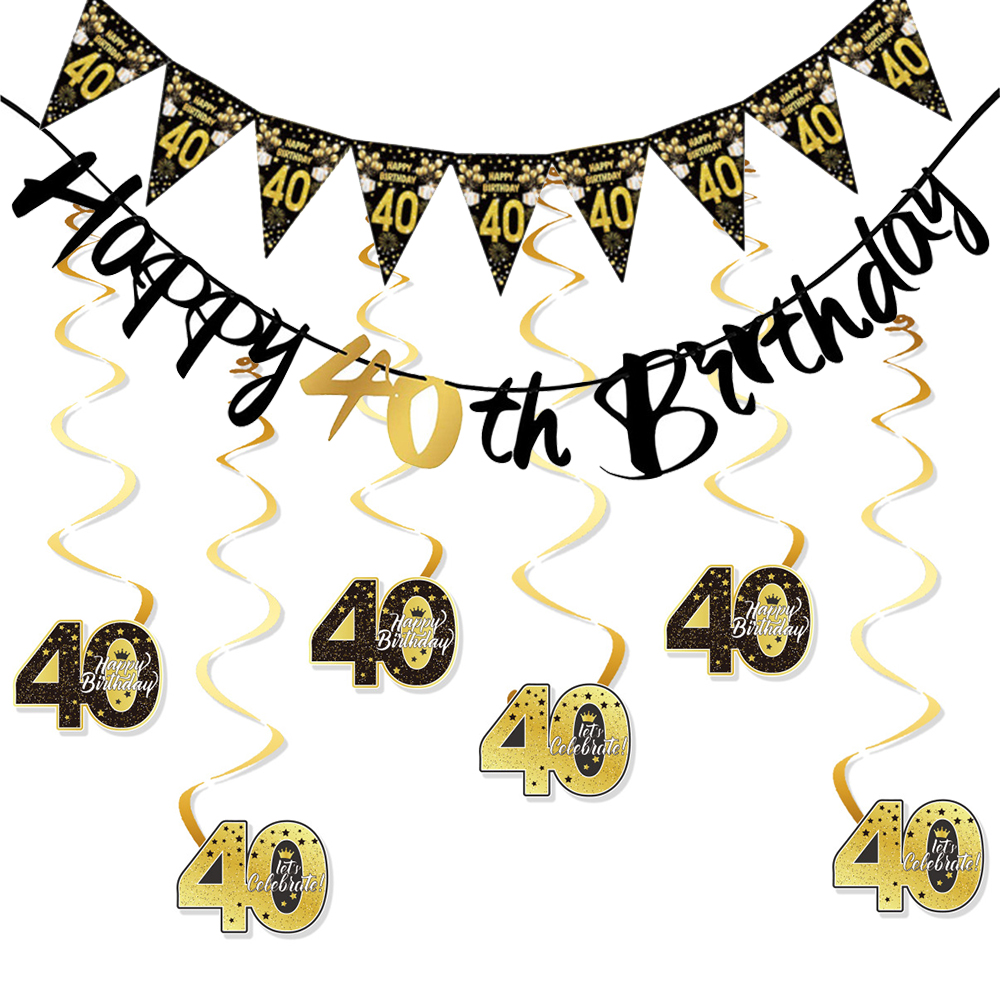 40th Birthday Swirls Streamers Hanging Swirls Happy Birthday Banner Black Gold 40 Years Old Birthday Party Decorations Supplies