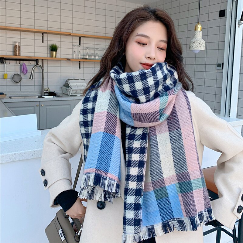 Nova chegada da moda outono inverno xadrez cachecol feminino quente de alta qualidade elegante bonito duplo lado fresco adorável vintage borla xale