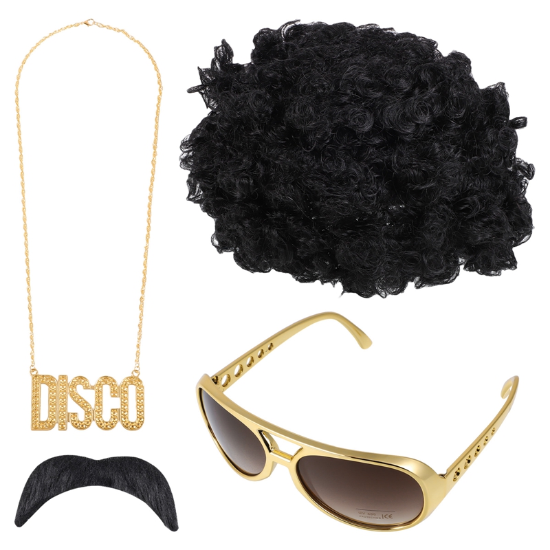 Conjunto de joyería de disfraz, peluca Afro sintética, collar de gafas de sol para temática de los años 50, 60 y 70, accesorios de ropa de estilo años 80 para hombres: Plata