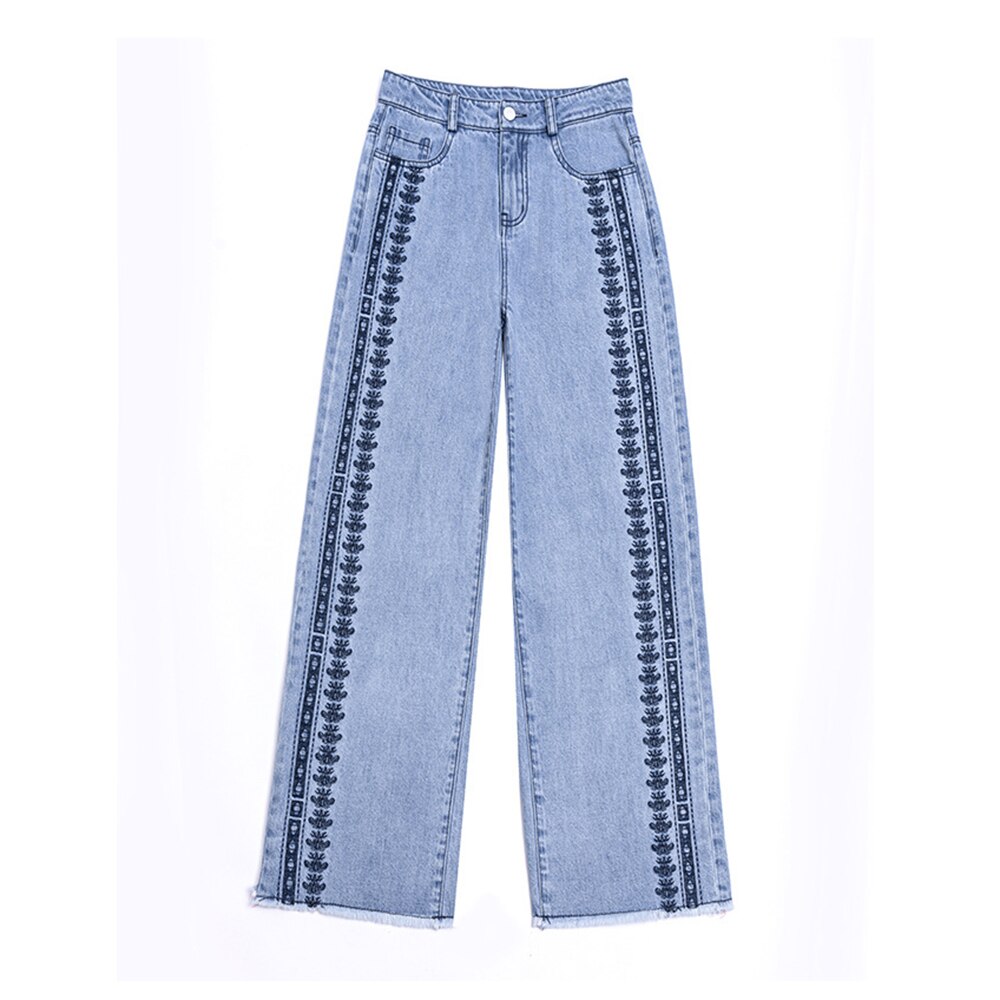 Pantalones vaqueros de pierna ancha con bordado para mujer, Vaqueros holgados de talla grande con borde suave en bruto, cintura Extra larga, 2022