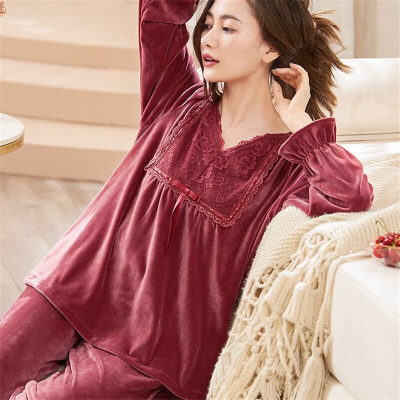 2 Piece Winter Flannel Pajamas Set For Women Long Sleeve Lace Women's Sleepwear Female Homewear